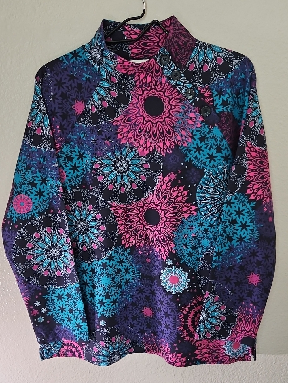 Christopher & Banks Mandala Winter Asymmetrical Button Cowl Neck Top Size M